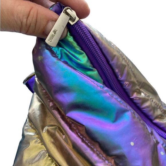 Large Metallic Puffer Tote Weekender w/ Decorative purple Straps - Picture 9 of 16
